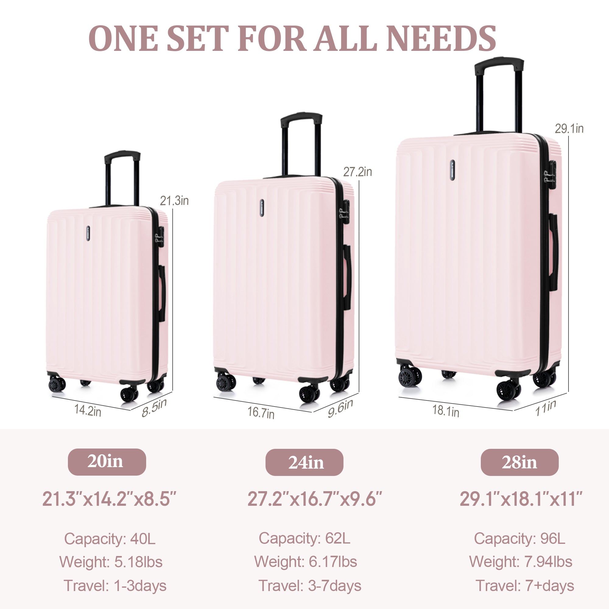 Set valigie ABS 3 pezzi 20/24/28 – Rosa（042）