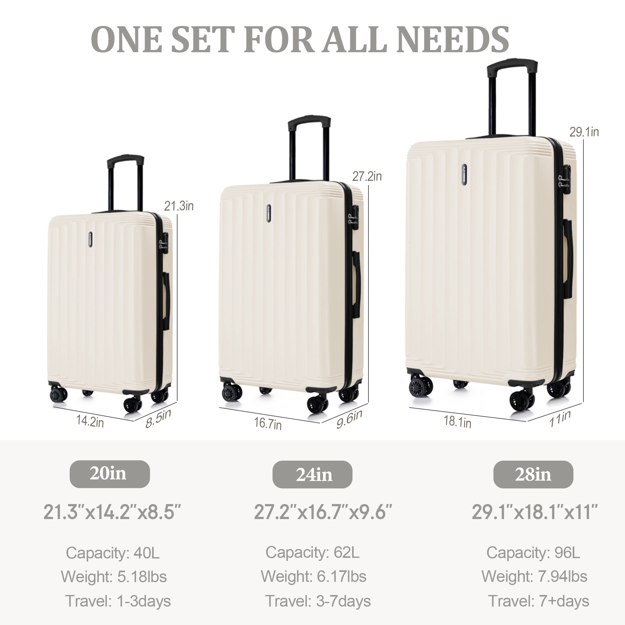 Set valigie ABS 3 pezzi 20/24/28– Beige（042）