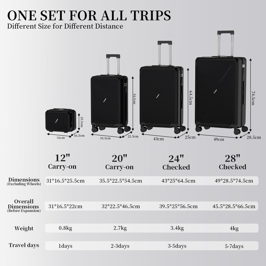Set 4 Trolley ABS 12/20/24/28 pollici - Nero (066)