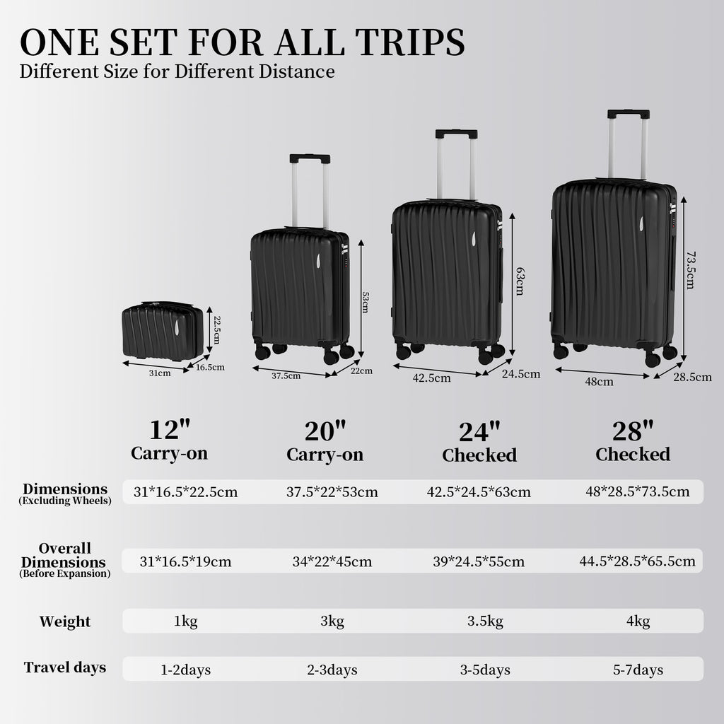 Set 4 Trolley ABS 12/20/24/28 pollici - Nero（073）