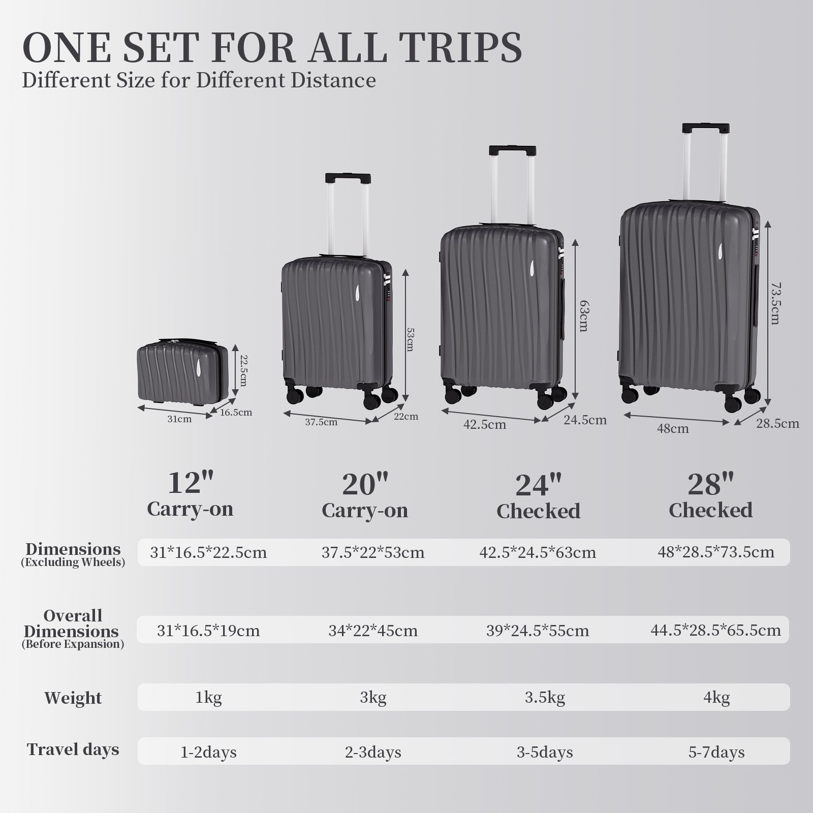 Set 4 Trolley ABS 12/20/24/28 pollici - Grigio (073)