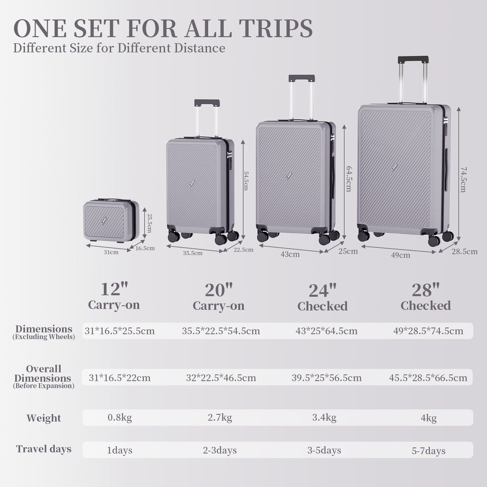 Set 4 Trolley ABS 12/20/24/28 pollici - Argento (066)