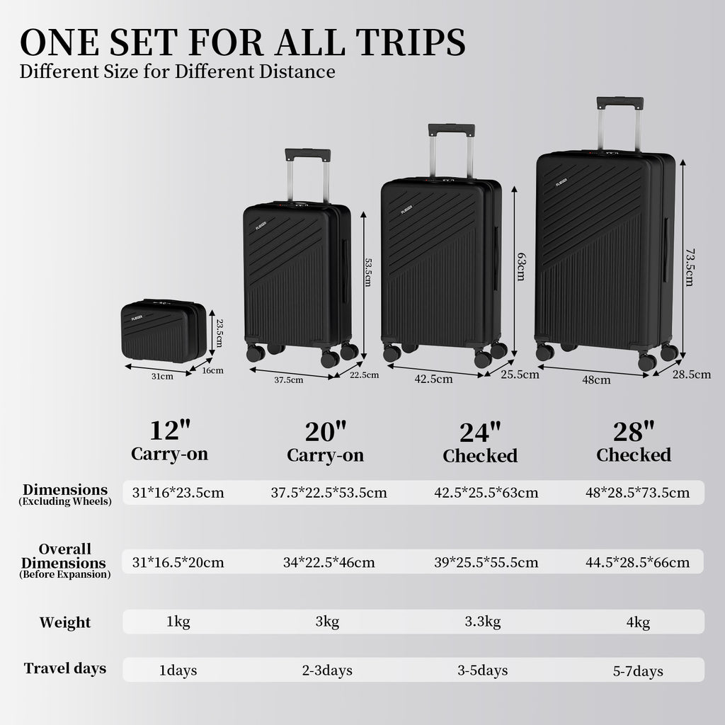 Set 4 Trolley ABS 12/20/24/28 pollici - Nero (071)