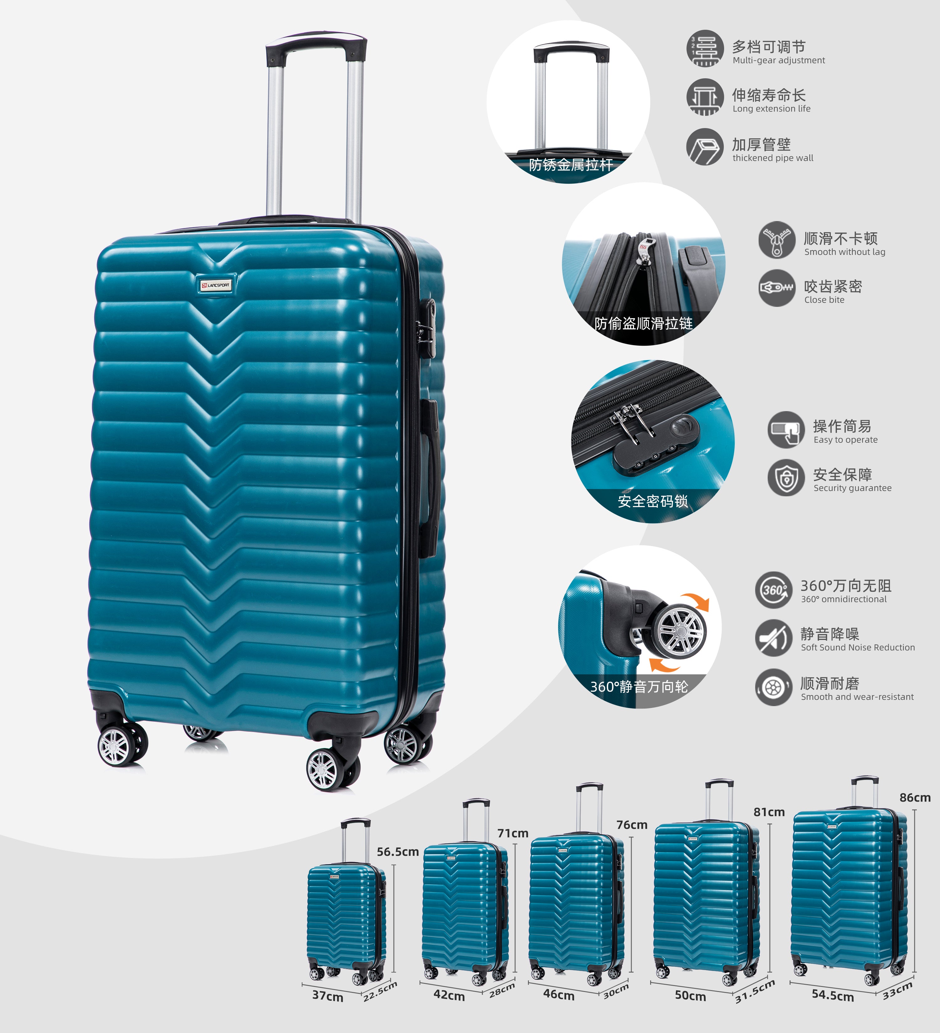 Set valigie in ABS da 5 pezzi (20"/26"/28"/30"/32") – Blu pavone(046)