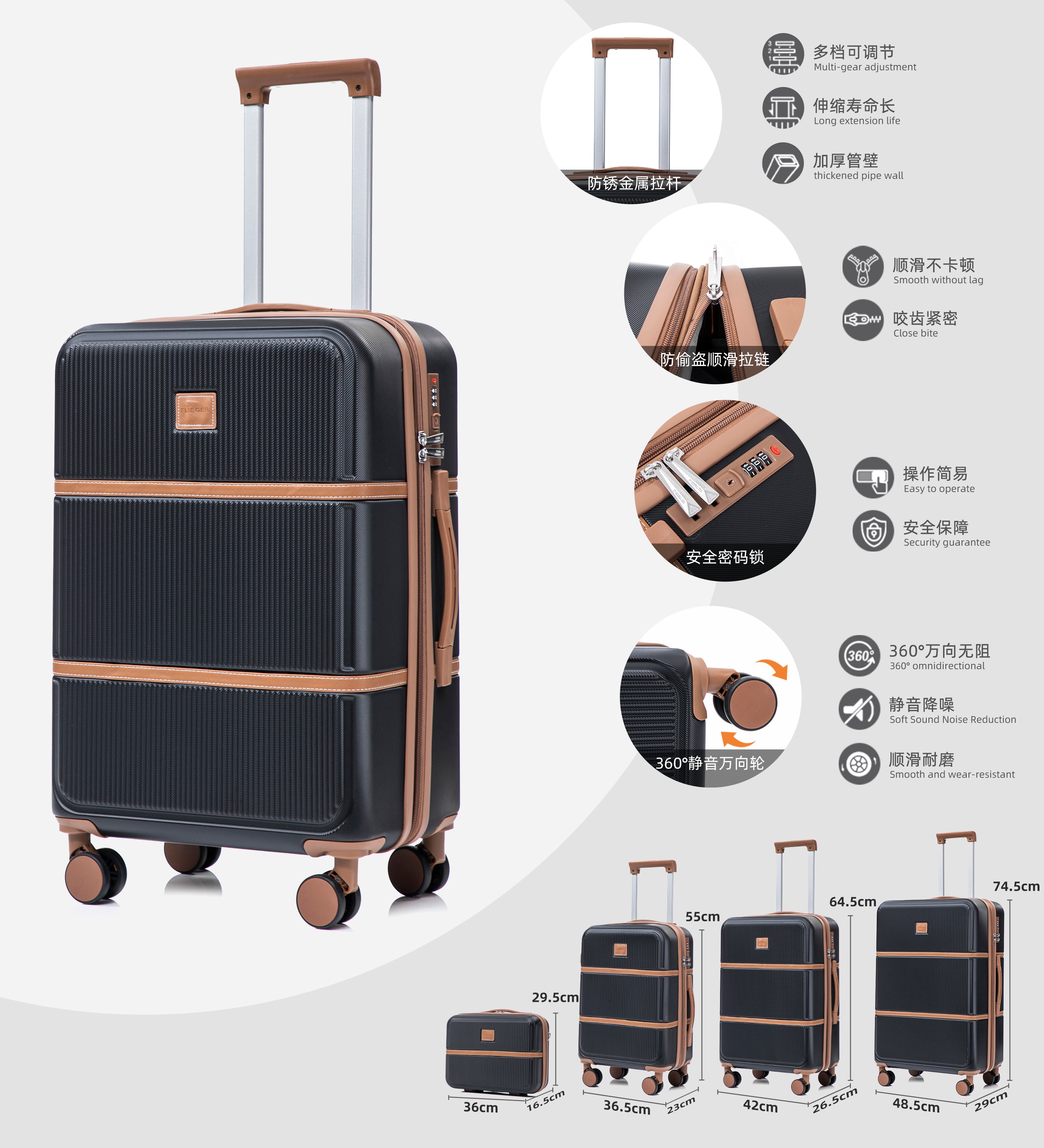 Set valigie in ABS da 4 pezzi (12"/20"/24"/28") – Nero（047）