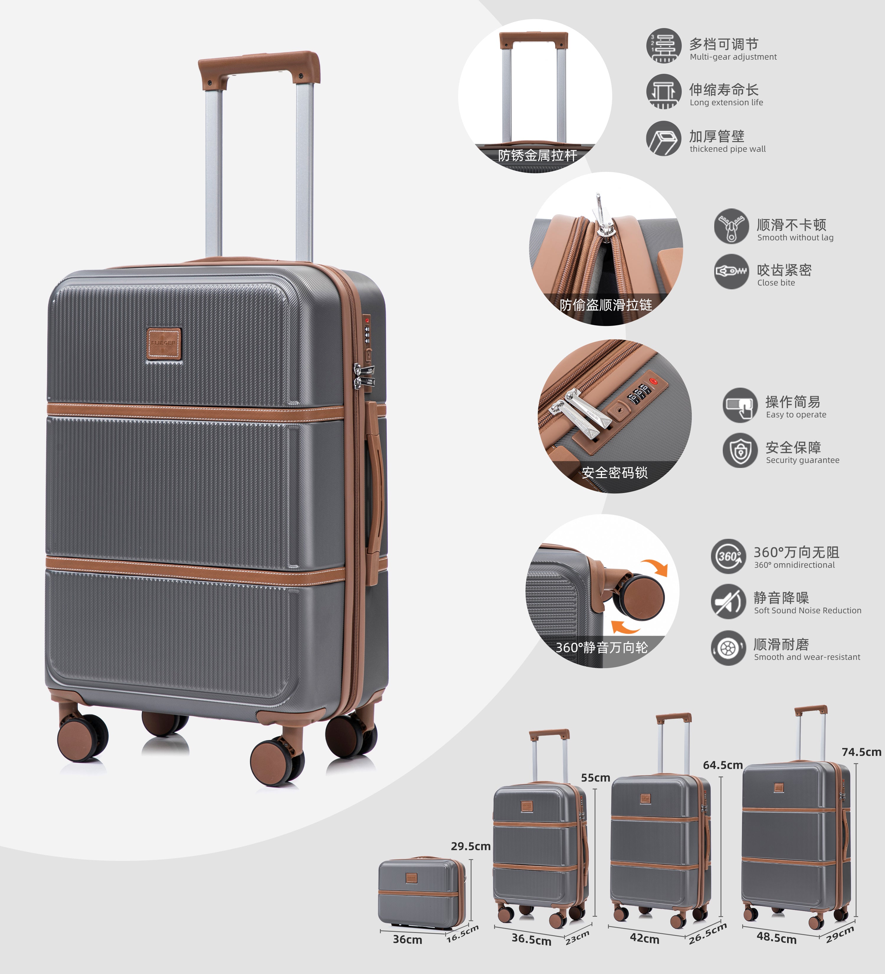 Set valigie in ABS da 4 pezzi (12"/20"/24"/28") – Grigio ferro（047）
